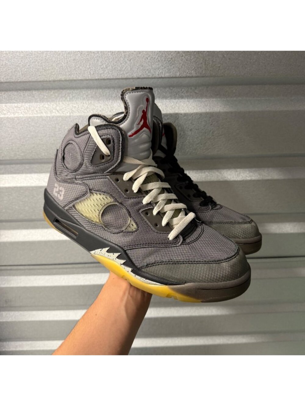 Off-White x Air Jordan 5 Retro SP 'Muslin'. CT8480-001 Size 12 Black Fire Red